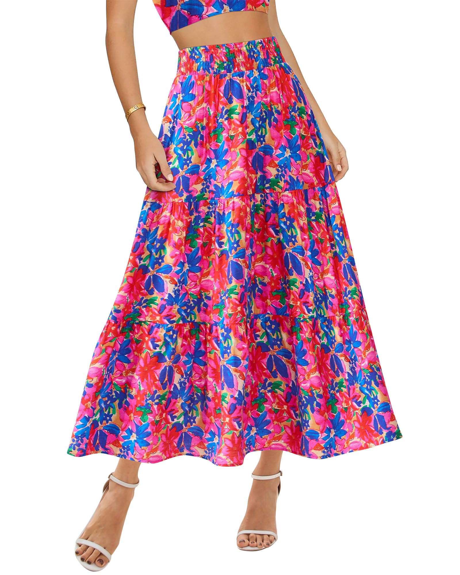 Floral Print Midi Elastic High Waist Crimp Skirt