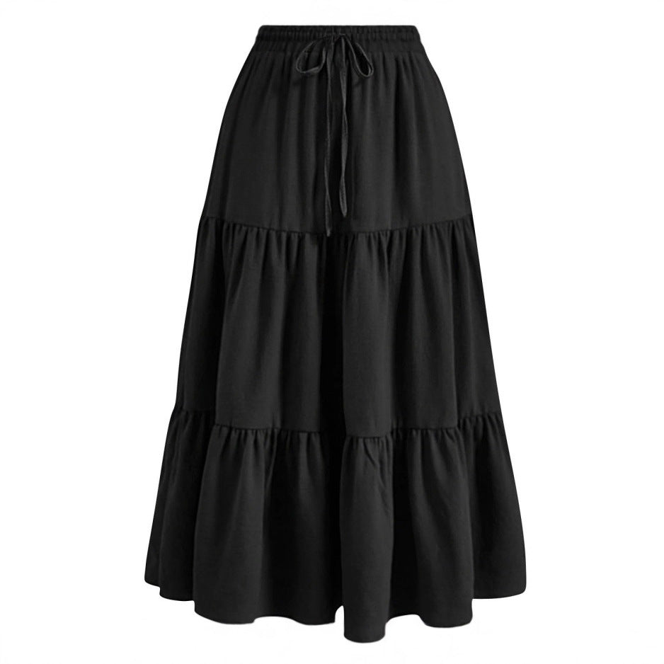 Solid Color Stitching Ruffle Elastic Pocket Skirt