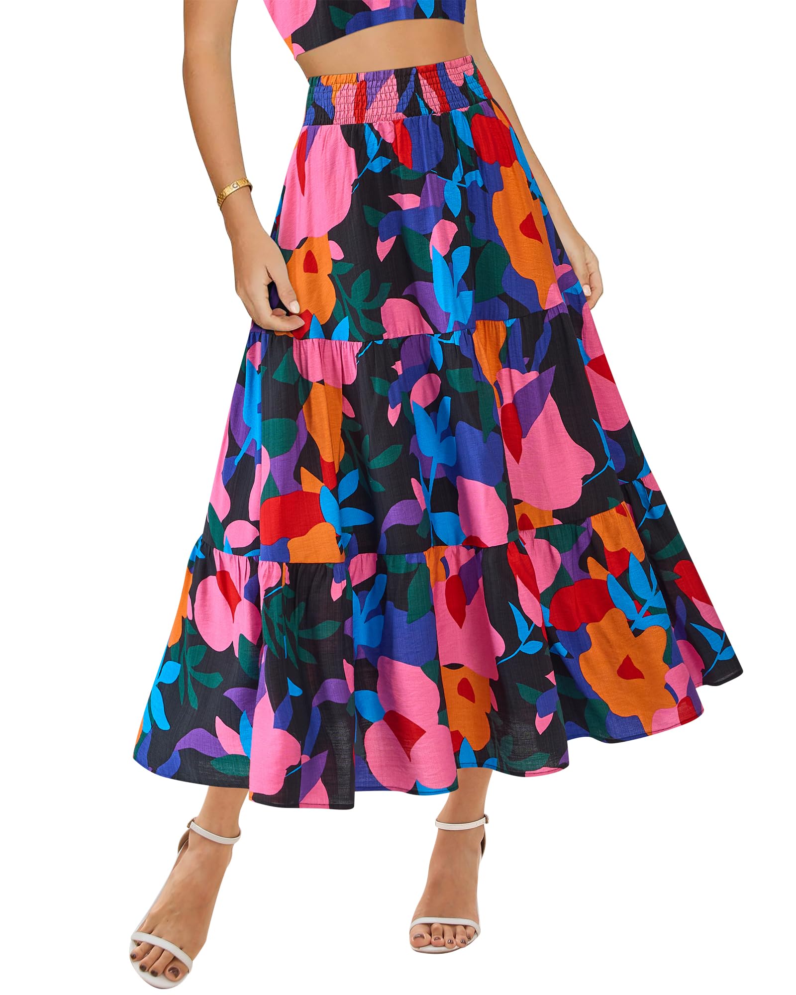 Floral Print Midi Elastic High Waist Crimp Skirt