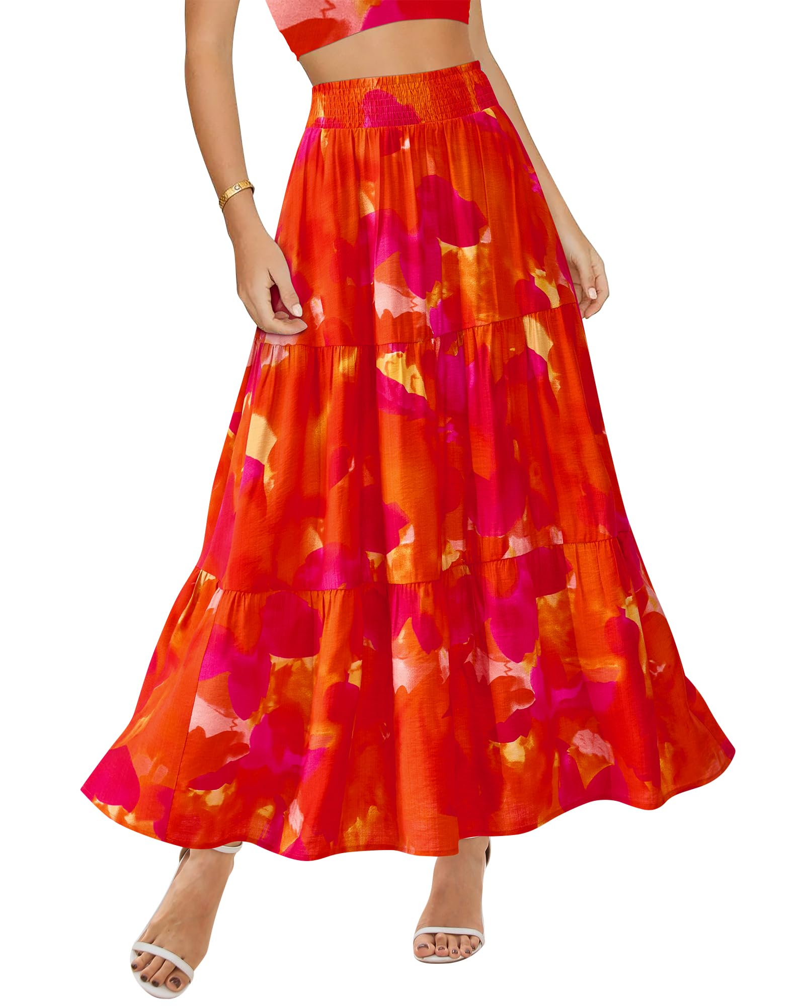 Floral Print Midi Elastic High Waist Crimp Skirt