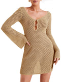 Crochet Swimsuit Coverup Summer V Neck Long Bell Sleeve Mesh Knit Bikini Cover Ups Beach Dresses
