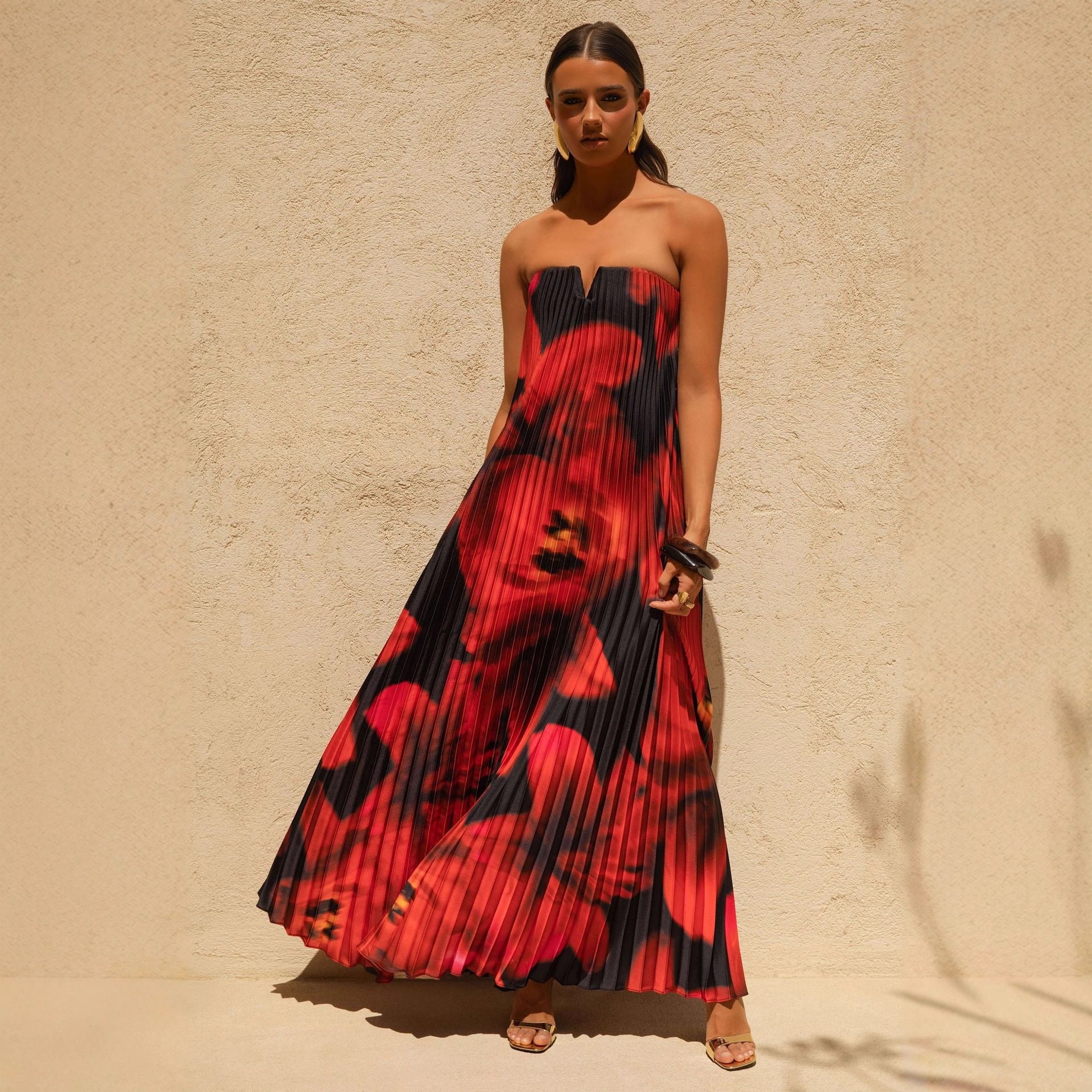 Off-the-shoulder Loose-fit Intricately Pleated Maxi Dress