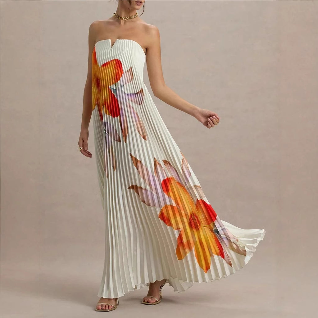 Off-the-shoulder Loose-fit Intricately Pleated Maxi Dress