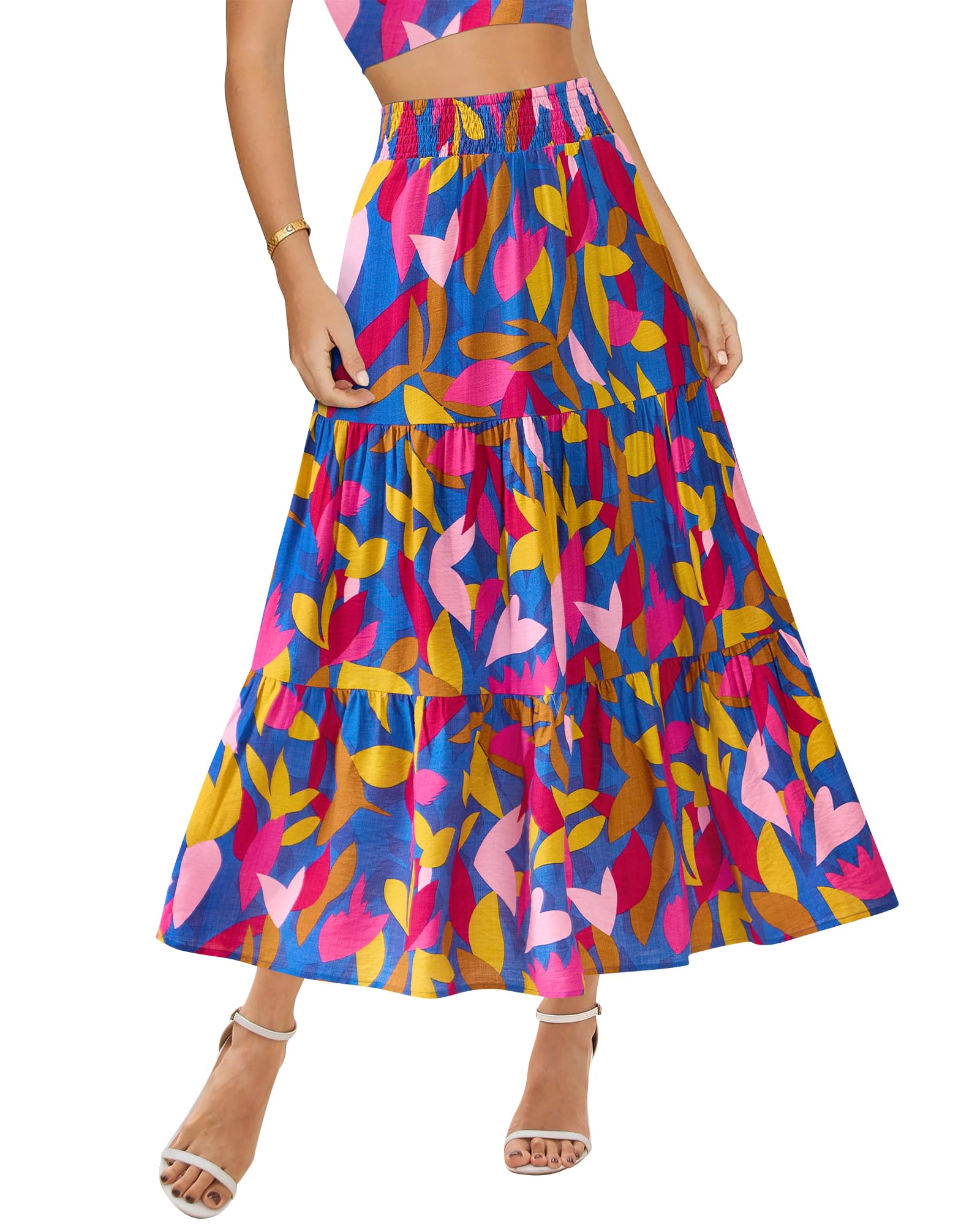 Floral Print Midi Elastic High Waist Crimp Skirt