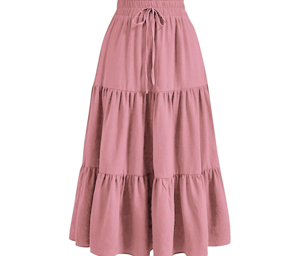 Solid Color Stitching Ruffle Elastic Pocket Skirt