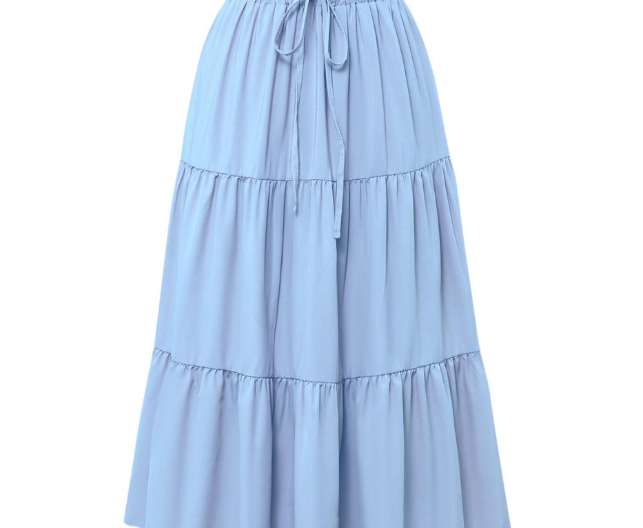 Solid Color Stitching Ruffle Elastic Pocket Skirt