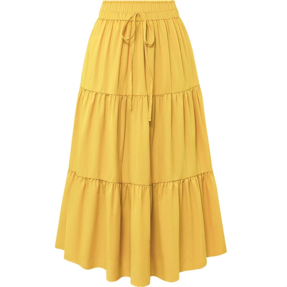 Solid Color Stitching Ruffle Elastic Pocket Skirt