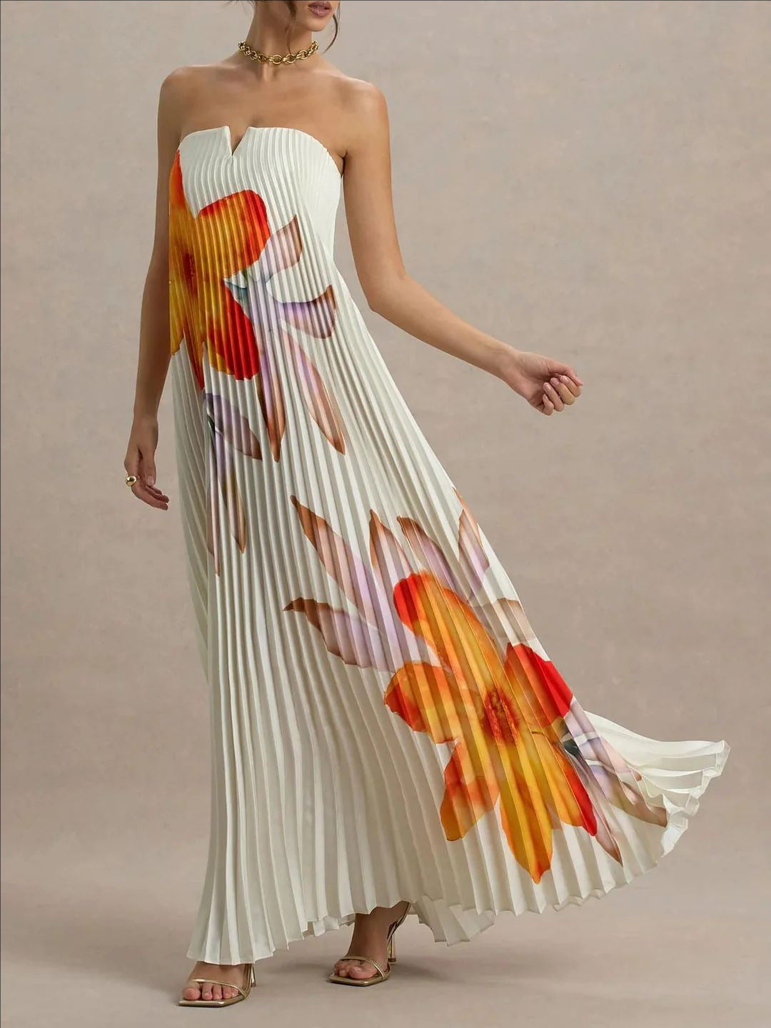 Off-the-shoulder Loose-fit Intricately Pleated Maxi Dress