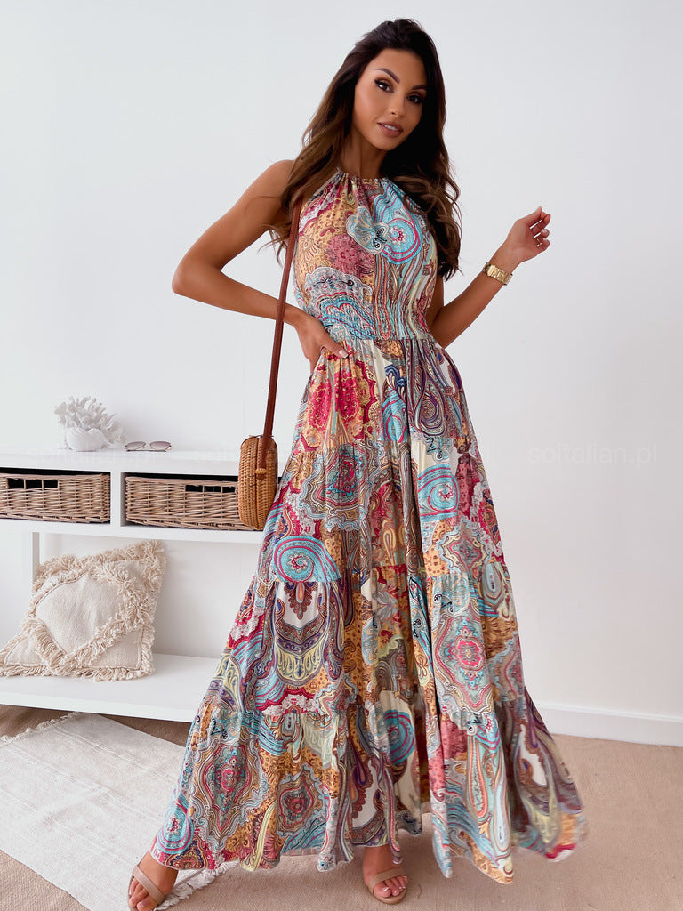 New Fashion Sexy Floral Halter Dress Bohemian Long Skirt