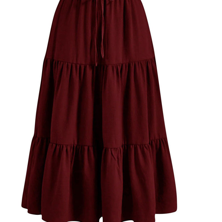 Solid Color Stitching Ruffle Elastic Pocket Skirt