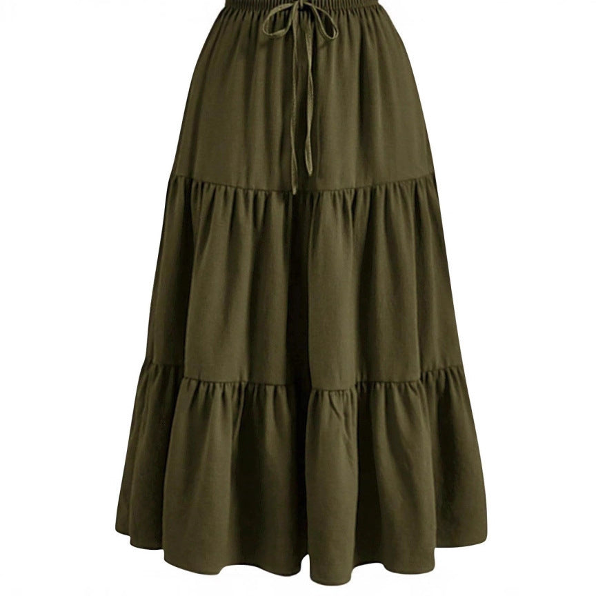 Solid Color Stitching Ruffle Elastic Pocket Skirt