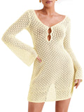 Crochet Swimsuit Coverup Summer V Neck Long Bell Sleeve Mesh Knit Bikini Cover Ups Beach Dresses