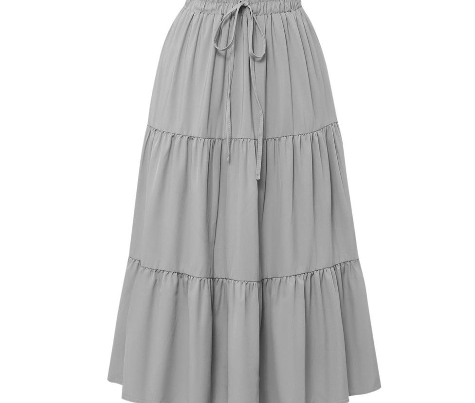 Solid Color Stitching Ruffle Elastic Pocket Skirt