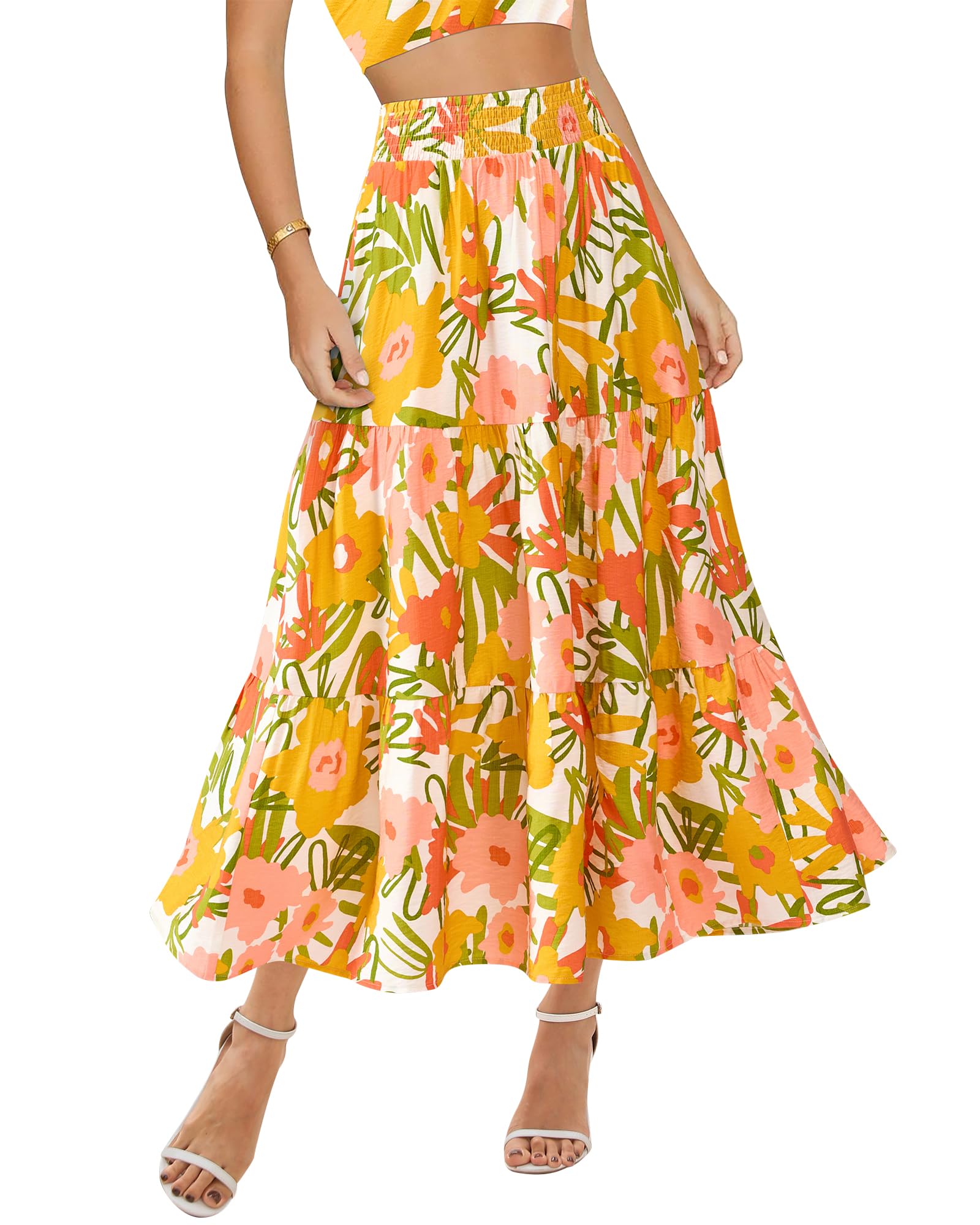 Floral Print Midi Elastic High Waist Crimp Skirt