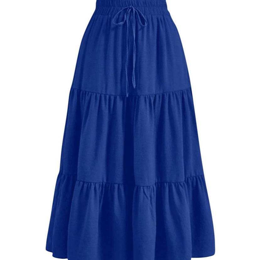 Solid Color Stitching Ruffle Elastic Pocket Skirt