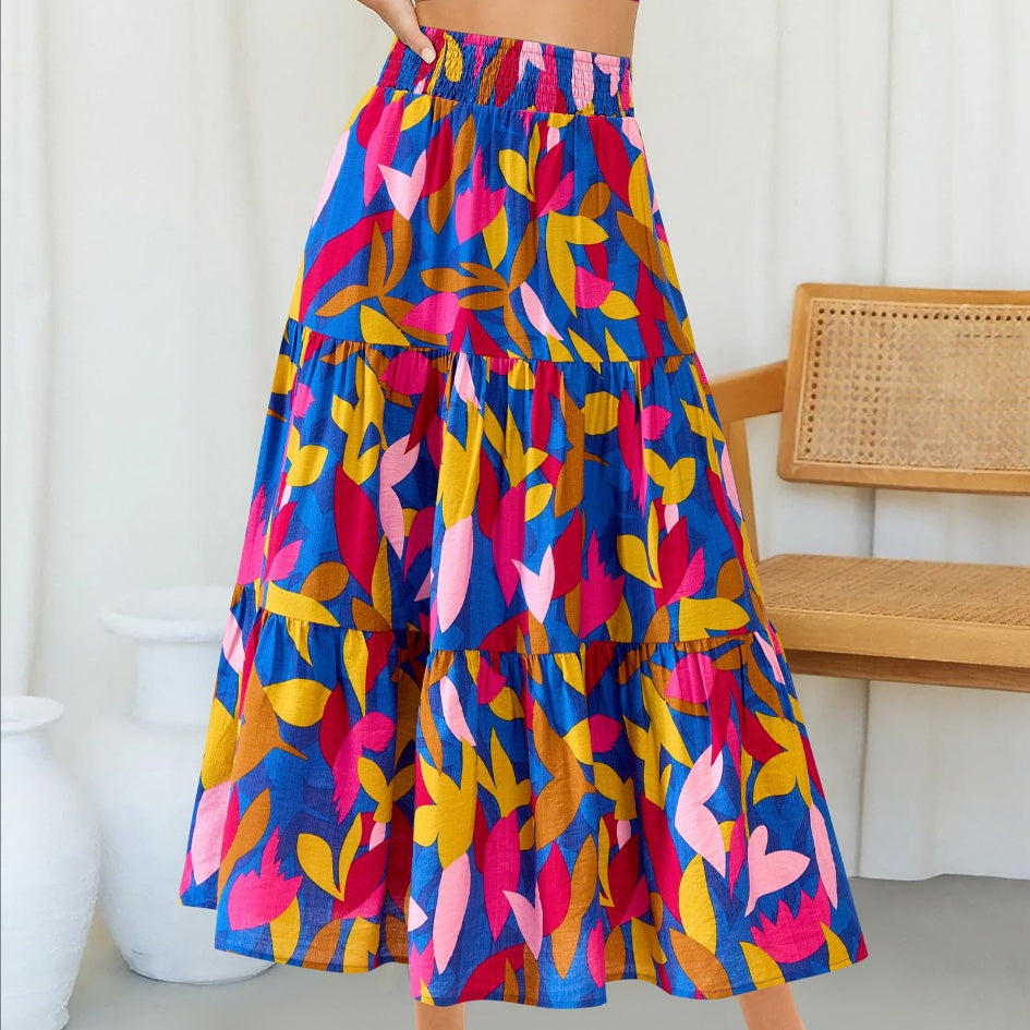 Floral Print Midi Elastic High Waist Crimp Skirt