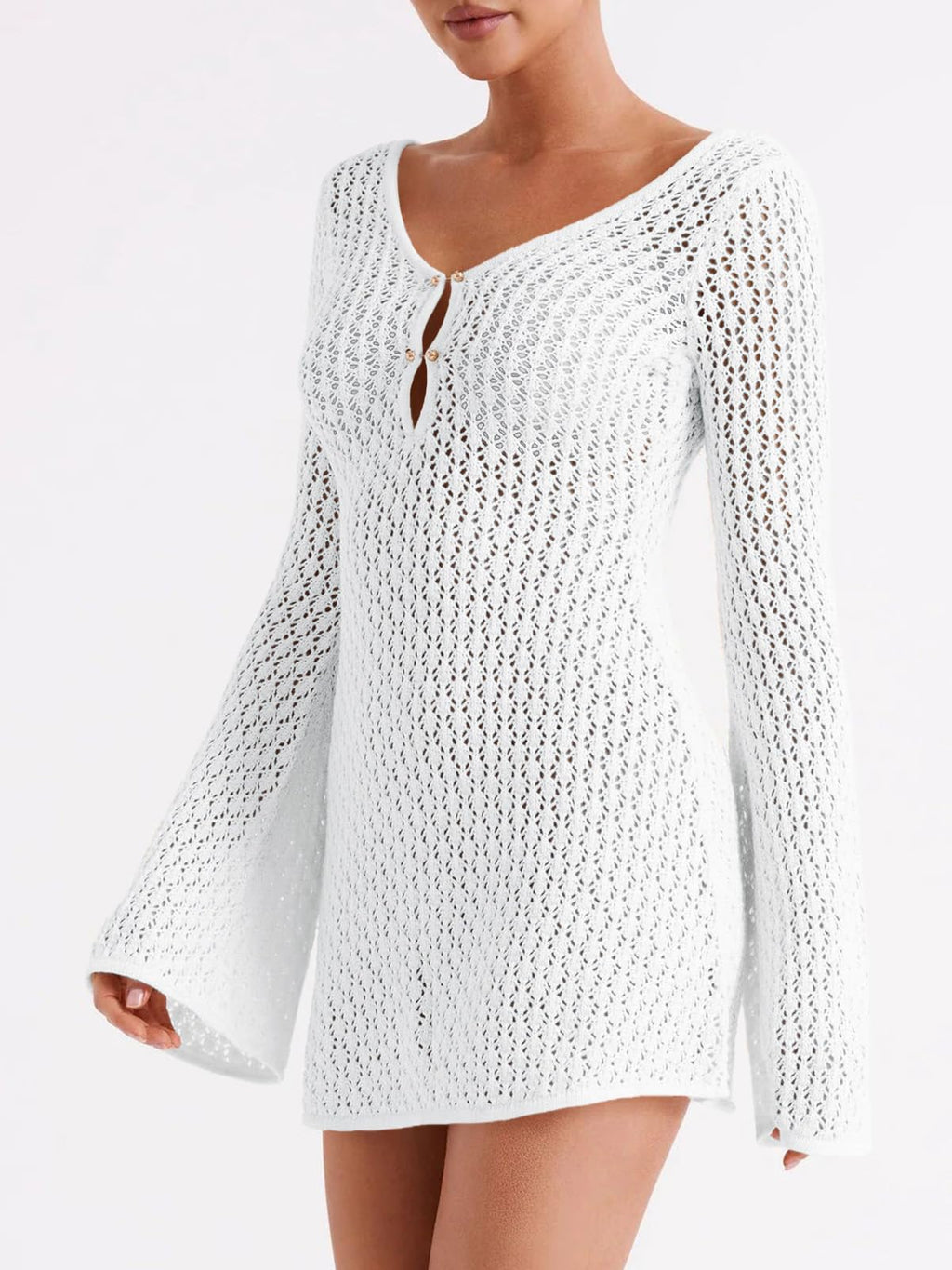 Crochet Swimsuit Coverup Summer V Neck Long Bell Sleeve Mesh Knit Bikini Cover Ups Beach Dresses