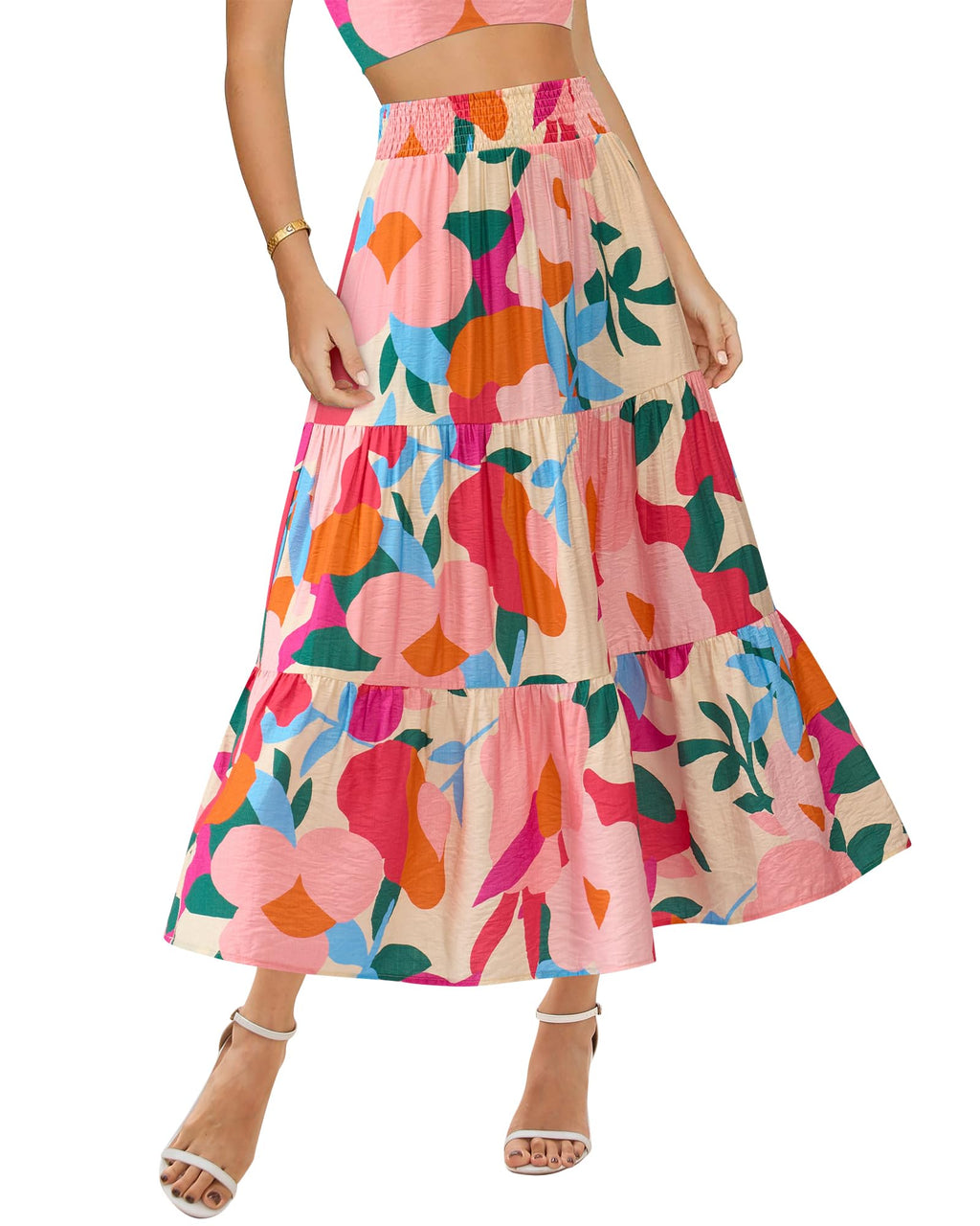 Floral Print Midi Elastic High Waist Crimp Skirt