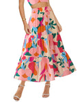 Floral Print Midi Elastic High Waist Crimp Skirt