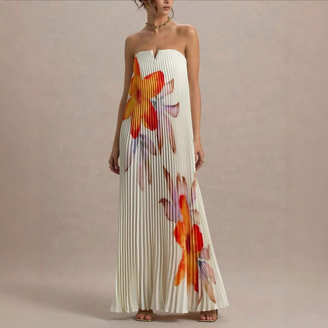 Off-the-shoulder Loose-fit Intricately Pleated Maxi Dress