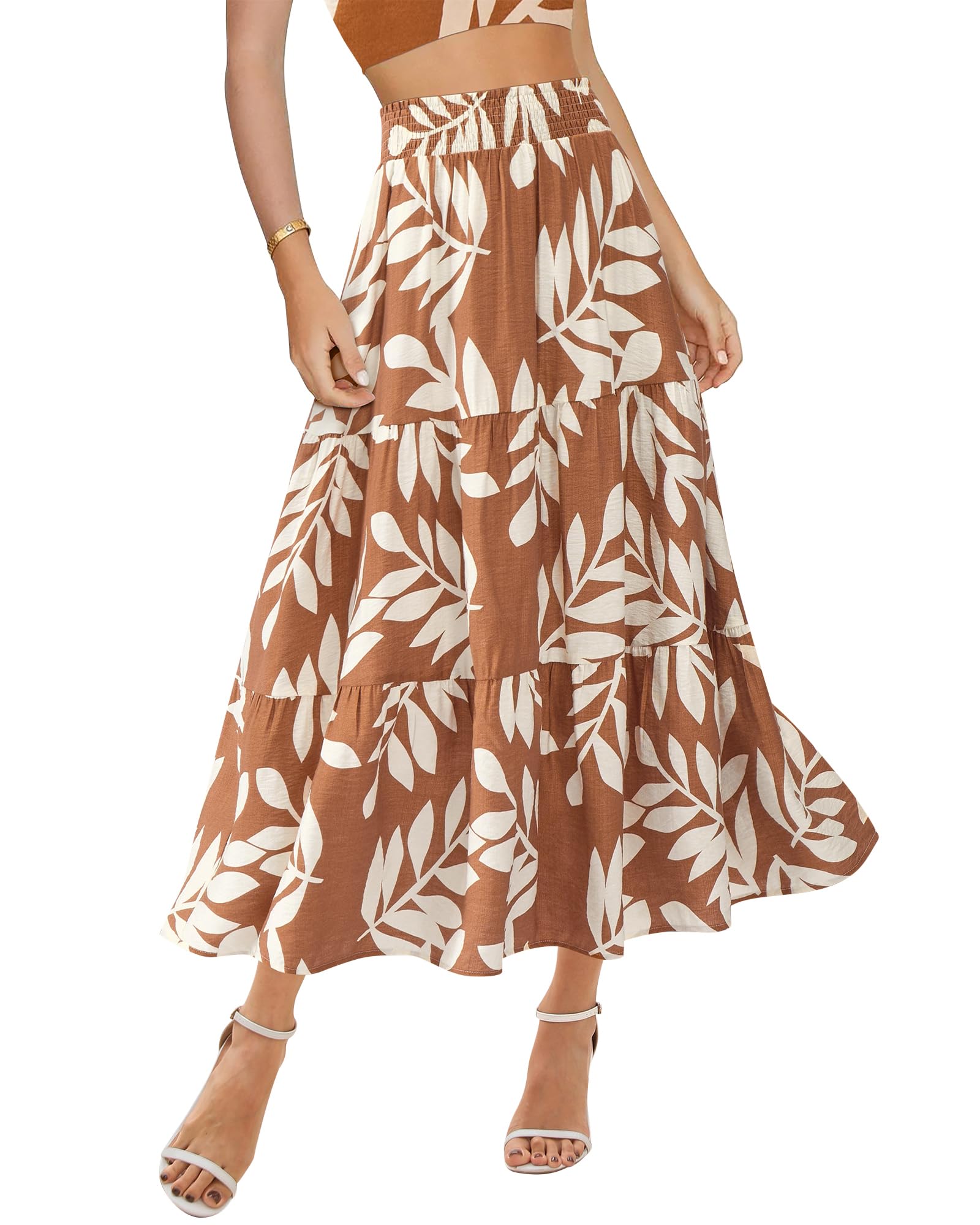 Floral Print Midi Elastic High Waist Crimp Skirt