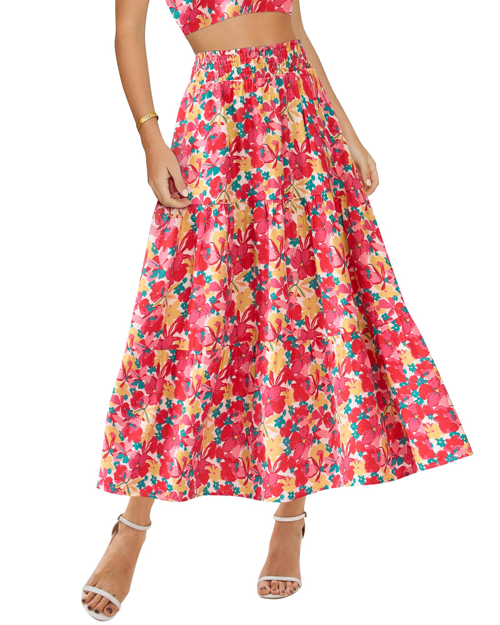 Floral Print Midi Elastic High Waist Crimp Skirt