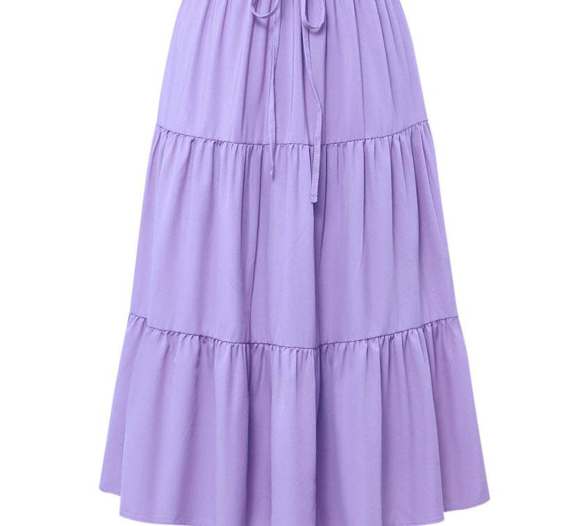 Solid Color Stitching Ruffle Elastic Pocket Skirt