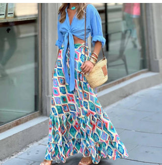 European And American Bohemian Vacation Style Printing Big Hem Skirt