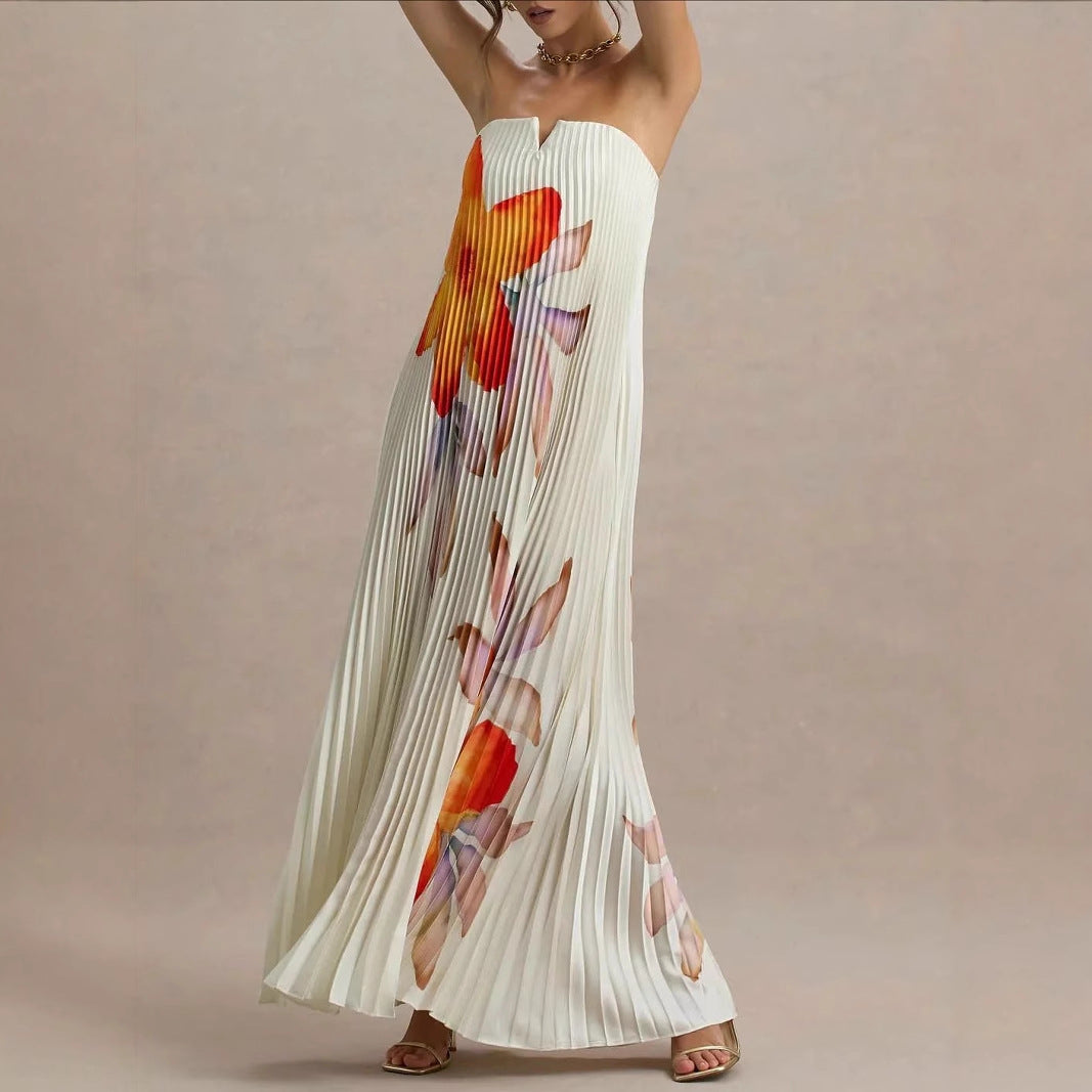 Off-the-shoulder Loose-fit Intricately Pleated Maxi Dress